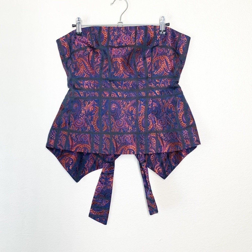 Intermix Ciara Strapless Tube Top L Brocade Black Orange Blue Waist Tie